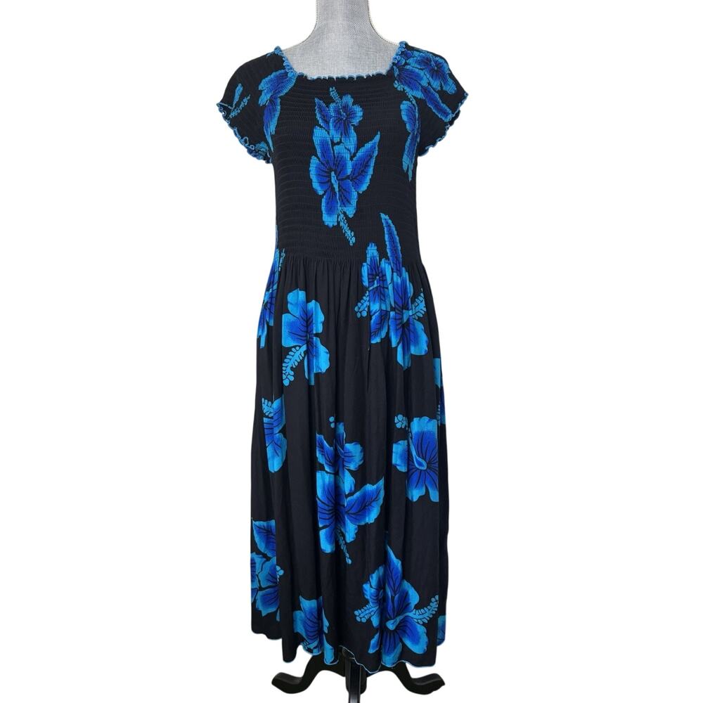 Black & Blue Floral Topical Print Resort Wear Dress M/L Stretch Beach Vacation